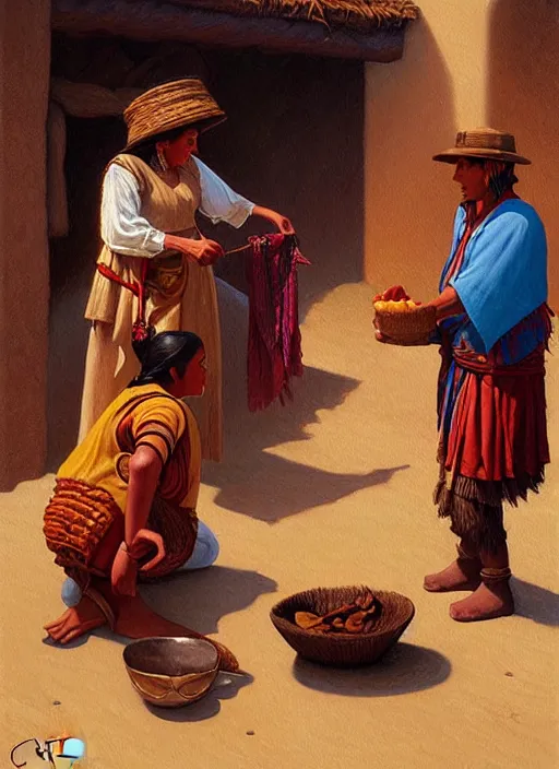 Image similar to a beautiful painting of an incan woman exchanging food and fabrics with an incan man, art by christophe vacher