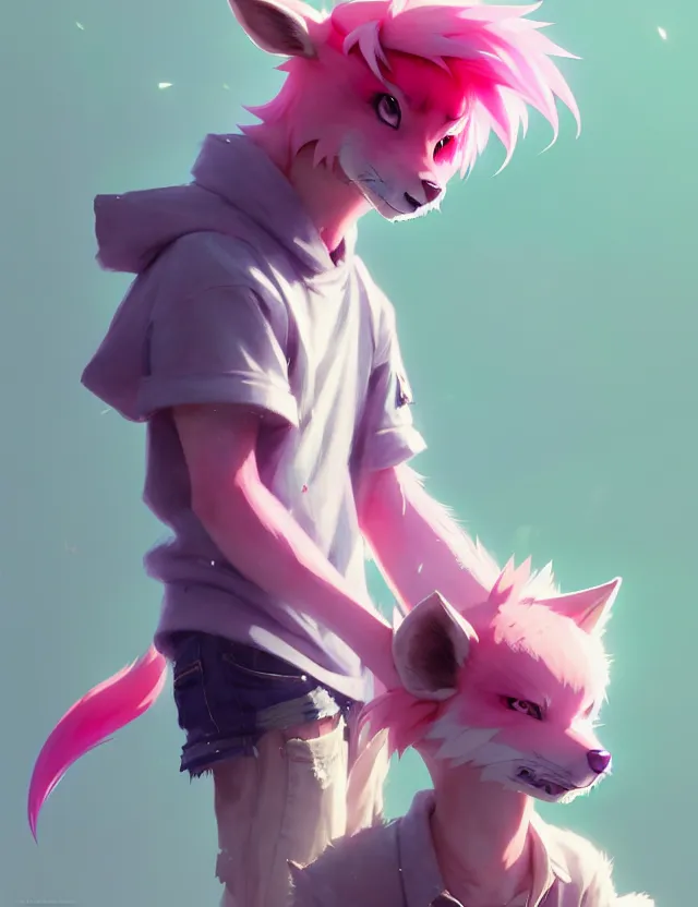Prompt: a beautiful fullbody portrait of a cute anime boy with pink hair and pink wolf ears. character design by cory loftis, fenghua zhong, ryohei hase, ismail inceoglu and ruan jia. artstation, volumetric light, detailed, photorealistic, fantasy, rendered in octane
