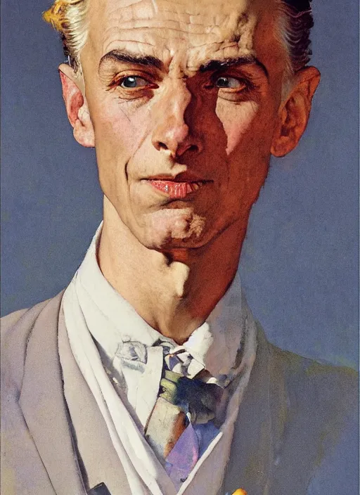 Image similar to illustration upper body and head portrait of elegant man in summer dress, by norman rockwell, roberto ferri, daniel gerhartz, edd cartier, jack kirby, howard v brown, ruan jia, tom lovell, frank r paul, jacob collins, dean cornwell, pulp 5 0 s scifi