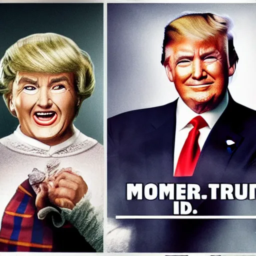 Image similar to donald trump as mrs doubtfire. poster for hollywood blockbuster