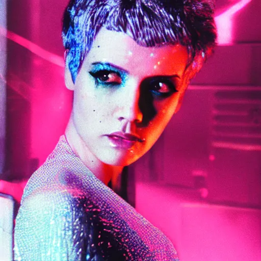 Prompt: studio portrait of pink hologram joi from blade runner