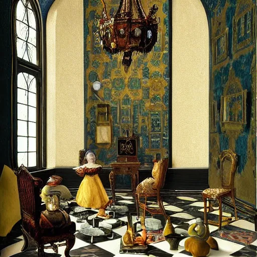 Prompt: painting of an elaborate miniature tabletop haunted house under an ornate glass dome, by paulette tavormina and vermeer, hyper realistic, extremely detailed, dramatic lighting, goth, victorian