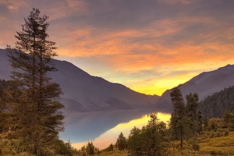 Prompt: landscape of mountains with lake and a dead tree in the foreground , sunset