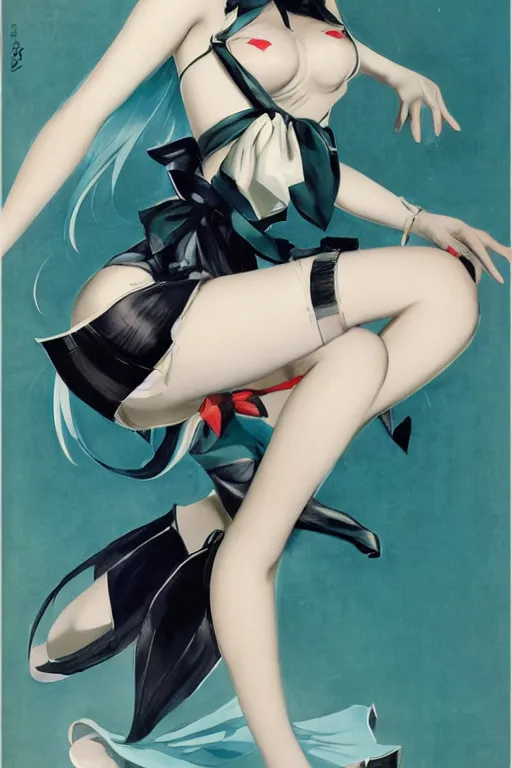 Image similar to hatsune Miku by Gil Elvgren and Enoch Bolle