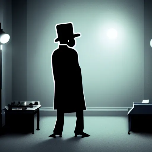 Prompt: Robot detective with hat and trenchcoat sitting in a dimly lit room, atmospherics, film noir
