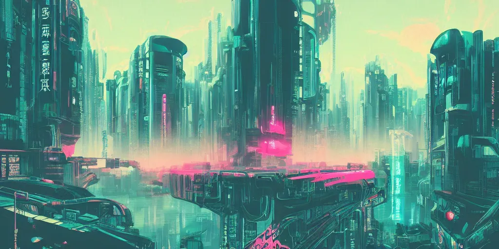 Image similar to beautiful japanese cyberpunk futuristic landscape painting, teal and pink, by tuomas korpi, dan mumford, trending on artstation