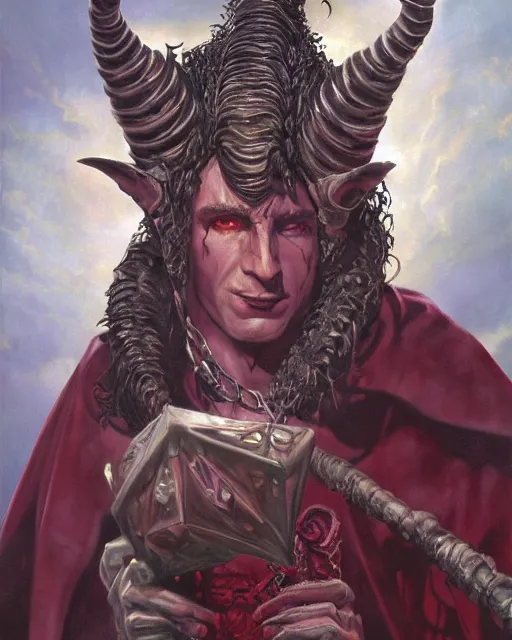 Prompt: detailed portrait of a male horned Tiefling as a powerful dungeons and dragons warlock, wearing dark robe, intricate, hyper detailed, lovecraftian, realistic, oil painting, by jeff easley, boris vallejo, cinematic lighting