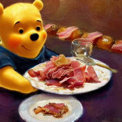 Prompt: close up of winnie the pooh with a plate of sausage and bacon and ham hock, cinematographic shot, by daniel f. gerhartz