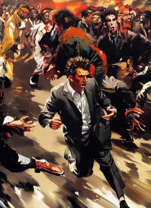 Prompt: 'kramer!! michael richards running from crowd of black people, painting by phil hale, 'action lines'!!!, graphic style, visible brushstrokes, motion blur, blurry