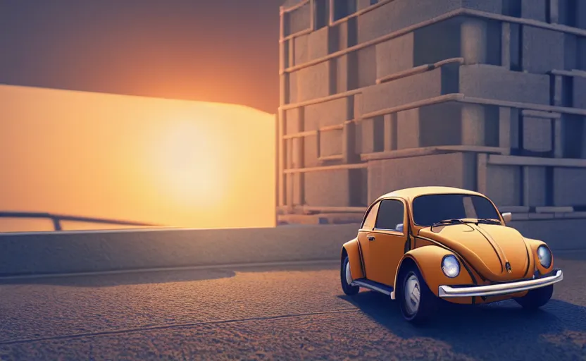 Image similar to a miniature of a VW Beetle on a bookshelf near a window at sunset, DOF, octane render, unreal engine 5, godrays, complementary colors, calm, symmetrical, highly detailed, high quality, 4k, beautiful, hyperrealistic