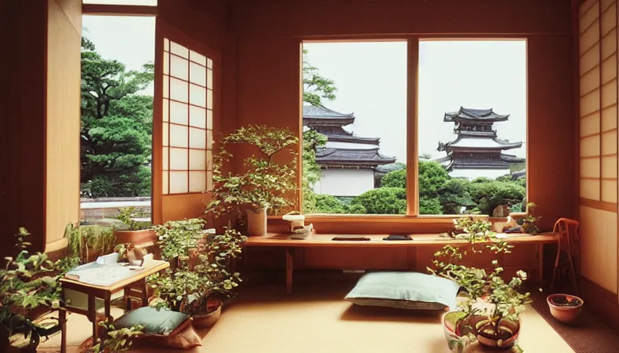 Image similar to 1 9 9 0 s candid 3 5 mm photo of a beautiful day in the a dreamy japanese flowery cottage designed by gucci, cinematic lighting, cinematic look, golden hour, a desk for flower arrangements and journaling has sun shinning on it through a window, temple in the distance, photographed by petra collins, uhd