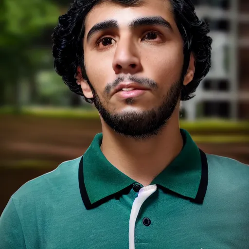 Image similar to a 30 year old skinny Latino programmer guy, with and thick straight brush up black hair on top, short on sides, in a dark green polo shirt, blue jeans and grey sneakers funko pop close up highly detailed photo