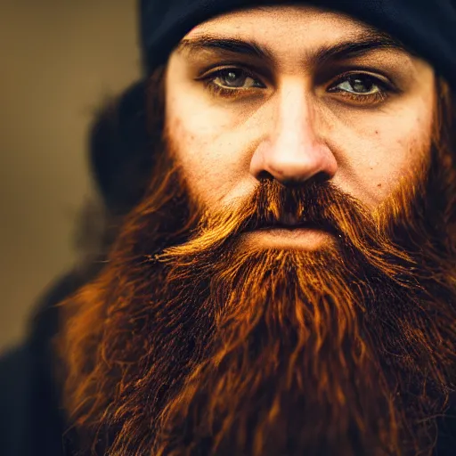 Image similar to A bearded wizard with an orange beanie, dramatic, cinematic, (EOS 5DS R, ISO100, f/8, 1/125, 84mm, postprocessed, crisp face, facial features)