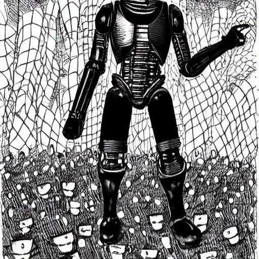 Prompt: robocop as one of the gashlycrumb tinies, edward gorey, black and white ink