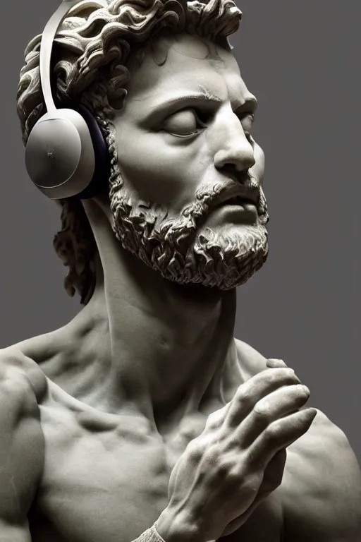 Image similar to a photo of michelangelo's sculpture of david wearing headphones djing, hyper realistic, ambient lighting, concept art, intricate, hyper detailed, smooth, dynamic volumetric lighting, octane, cinematic, high quality, high resolution, 4 k