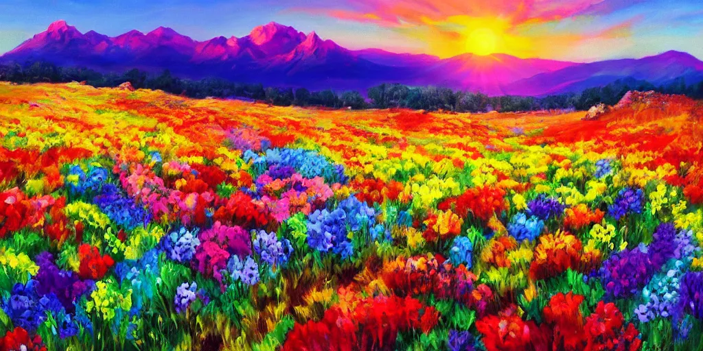 Prompt: beautiful field of flowers, mountain sunrise, painted by Peter Max, trending on artstation