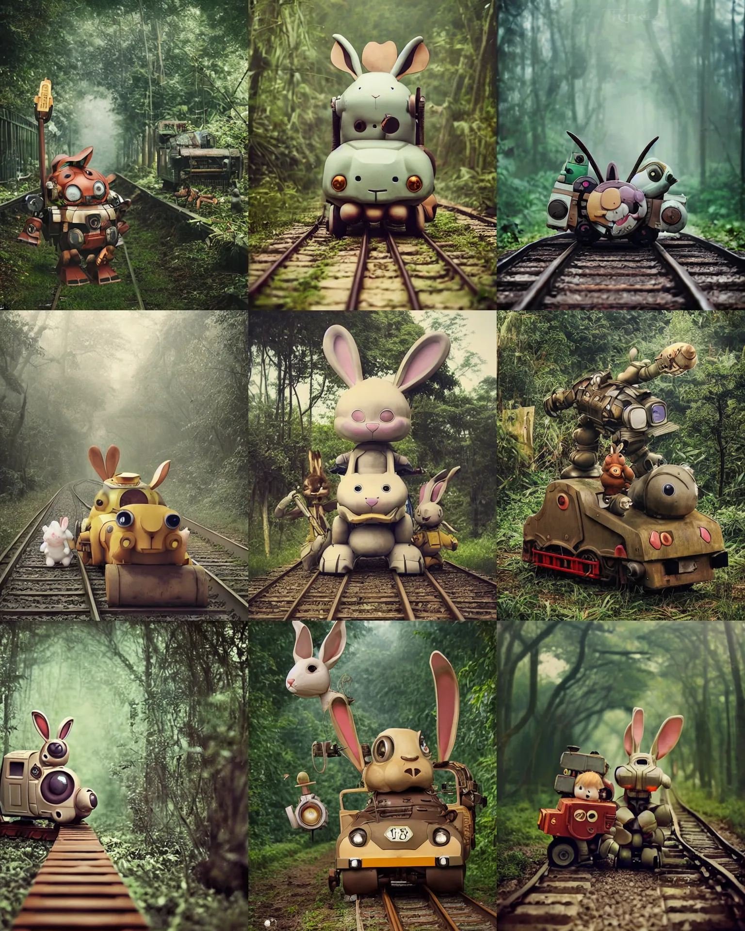 Prompt: epic battle pose !!!giant oversized battle rabbit robot chubby mech baby as rusty cute train with big ears and rabbit, on a jungle forest train track , full body , Cinematic focus, Polaroid photo, vintage , neutral dull colors, soft lights, foggy ,random weather, by oleg oprisco , by victor enrich