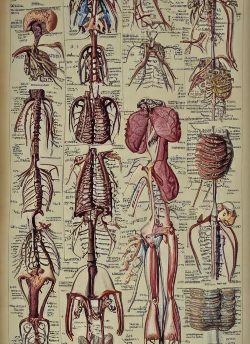 Image similar to vintage medical anatomical illustration of critters ( 1 9 8 6 ), highly detailed, labels, intricate writing