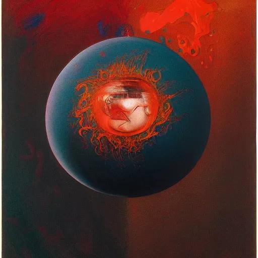 Image similar to a sphere being devoured by abstract splatters of paint in the style of francis bacon, venus being engulfed in flames in the style of james jean, surreal, beksinski, high detailed