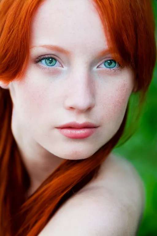 Image similar to a portrait of a redhead beautiful girl, green eyes, highly detailed, 3 5 mm f 1. 4 background silver fir