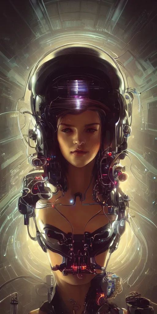 Image similar to beautiful, young woman, cybernetic, cyberpunk, wires, cables, halo, glow, detailed gorgeous face, flowing hair, vaporwave aesthetic, synthwave , digital painting, artstation, concept art, smooth, sharp focus, illustration, art by artgerm and greg rutkowski and alphonse mucha