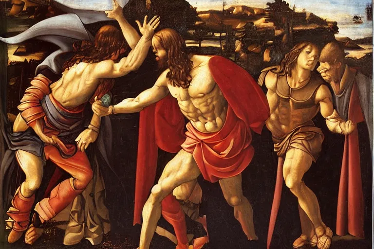 Image similar to jesus fighting batman renaissance oil painting by da vinci