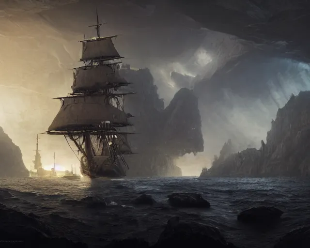 Image similar to A singular big galleon ship, three masts, front and center, in a cave. Underexposed, dark, centered. Atmospheric matte painting by Darek Zabrocki and Emmanuel Shiu, 4k ultra detailed