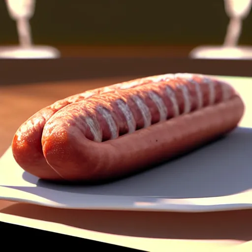 Prompt: cursed realistic 3 d unreal engine render of a half fish half sausage alone on a plate, fish fins on a sausage