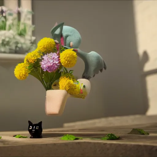 Image similar to tabi cat with flowers, anime, disney, pixar, 8 k, hd, dof, kodak film, volumetric lighting, subsurface scattering, photorealistic, octane render, details