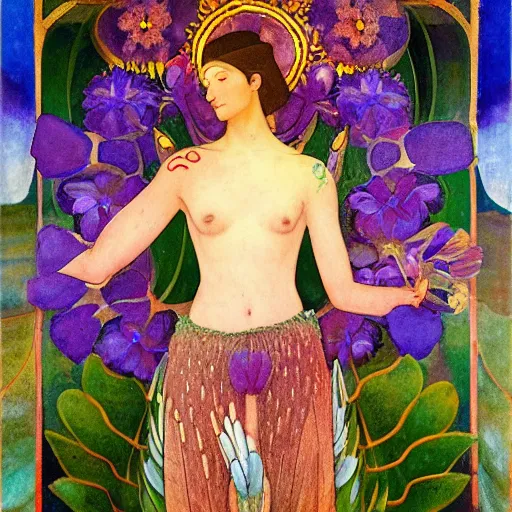 Image similar to the flower god, by Annie Swynnerton and Nicholas Roerich and Diego Rivera, bioluminescent skin, tattoos, wings made out of flowers, elaborate costume, geometric ornament, symbolist, cool colors like blue and green and violet, smooth, sharp focus, extremely detailed