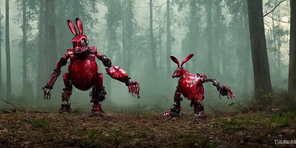 Prompt: horrifying huge robot - rabbit with blood dripping from it's mouth coming at you in old pine forest, movie scene, movie lighting, detailed, realistic