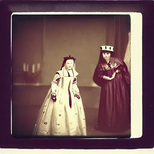 Prompt: “Anne Boleyn running away from the executioner, polaroid photo”