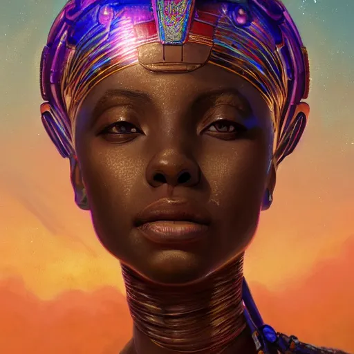 Image similar to highly detailed portrait of an african egyptian goddess, intricate alien technology, stephen bliss, unreal engine, fantasy art by greg rutkowski, loish, rhads, ferdinand knab, makoto shinkai and lois van baarle, ilya kuvshinov, rossdraws, tom bagshaw, global illumination, radiant light, detailed and intricate environment