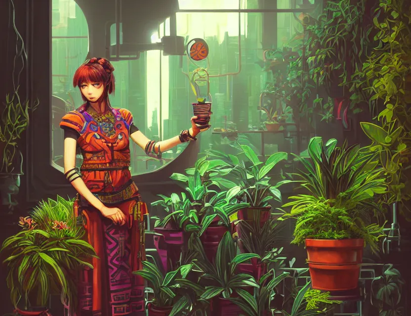 Image similar to aztec scifi alchemist in a well - lit study with potted plants, wearing a lovely dress with cyberpunk elements. this oil painting by the award - winning mangaka has an interesting color scheme and impeccable lighting.