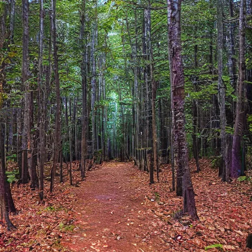 Image similar to An incredibly diverse forest, the light shoots through the trees from the sun, a walking path through the side, in the style of Hayao Miyazaki