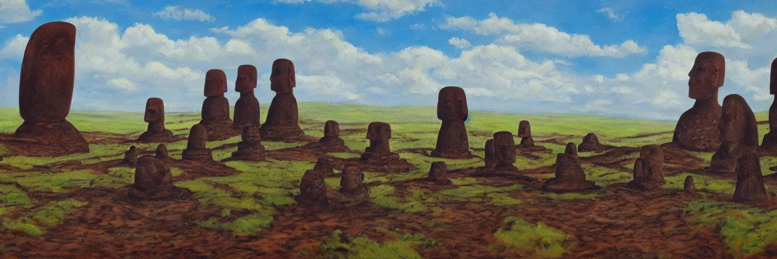 Prompt: an oil painting of hyper realistic landscape of the earth in 1 b years, with some moai statue half burried