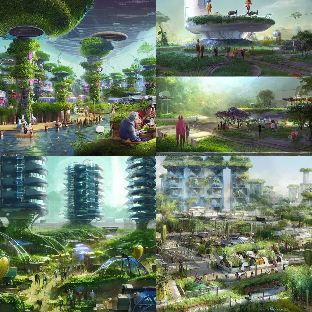 Prompt: happy families and animals spending their sunday in the tranquil plant - draped solarpunk towns of the future, living in perfect technological harmony with nature. top post on / r / solarpunk. concept art