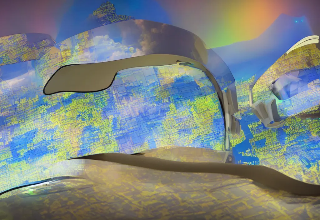 Image similar to curved translucent visors projecting detailed florida weathermap, pixel perfect photograph, high contrast, volumetric lighting, thin glowing lights, bedroom, visor, users, pair of keycards on table