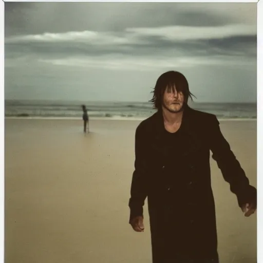 Image similar to 9 0 s polaroid photograph of norman reedus wearing a trenchcoat at night, dancing on a beach during cloudy weather, vignette