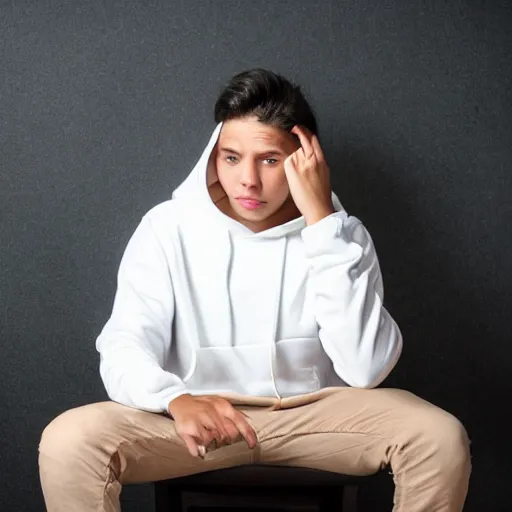 Prompt: guy in white hoodie sitting alone at a wooden table. black background