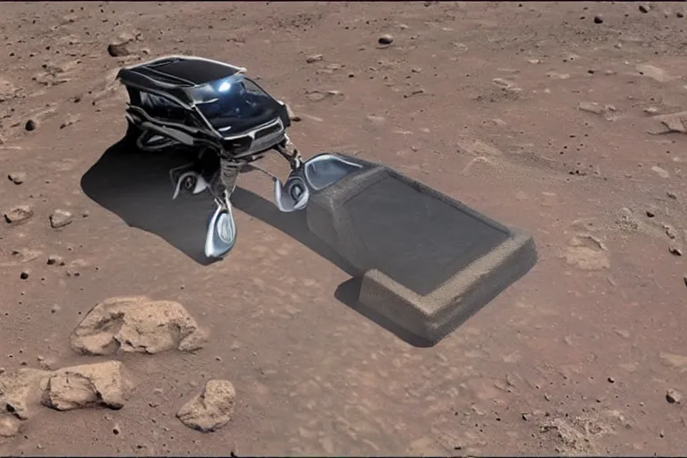 Prompt: highly realistic photo of elon musk riding a tesla on mars