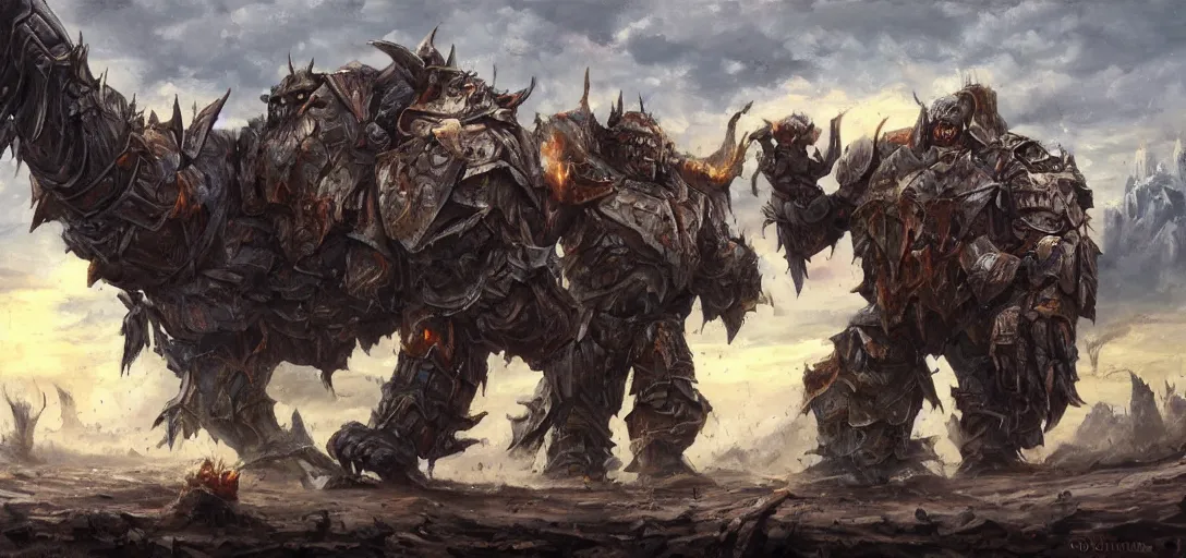 Image similar to oil painting of single giant conquering orc in full sci - fi armor roars as it steps over it's fallen enemy's bodies