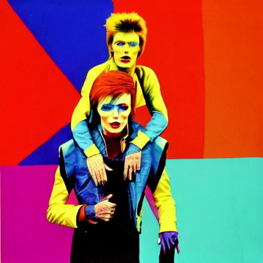 Image similar to david bowie from changes giving a piggy back ride to ziggy stardust. glam rock. colorful. by andy warhol