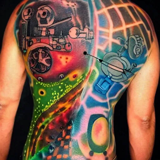 Image similar to backside on the shoulders is a tattoo of a 3 d hole in the skin with multicolored 3 d robotic mechanics and glowing computerparts inside under the skin, insanely integrate,