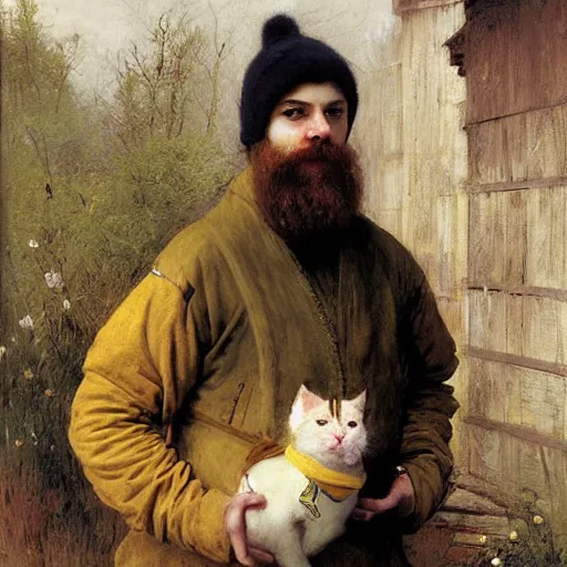 Prompt: belligerent man wearing a cat costume with a yellow hoodie greg danton william adolphe bouguereau vasily surikov anton fadeev simon stalenhag