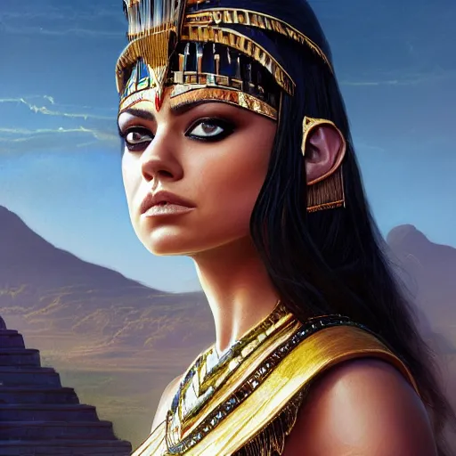 Image similar to a closeup portrait of a young mila kunis as cleopatra, gorgeous view, pyramid background, dramatic lighting, painted by artgerm, painted by greg rutkowski, digital art, trending on artstation