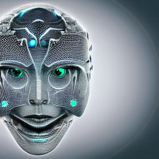 Image similar to an insanely detailed cibernetic artwork of a futuristic artificial intelligence superstar, centered image, perfectly symmetrical alien face, with frames made of detailed fractals, octsne render, 4k, insanely detailed, detailed grid as background, cgi