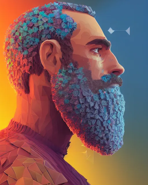 Prompt: a realistic ultradetailed digital painting of a man with flowers in his beard, profile, sharp detail, cyberpunk art by beeple, behance contest winner, retrofuturism, voxel art, # pixelart, dystopian art