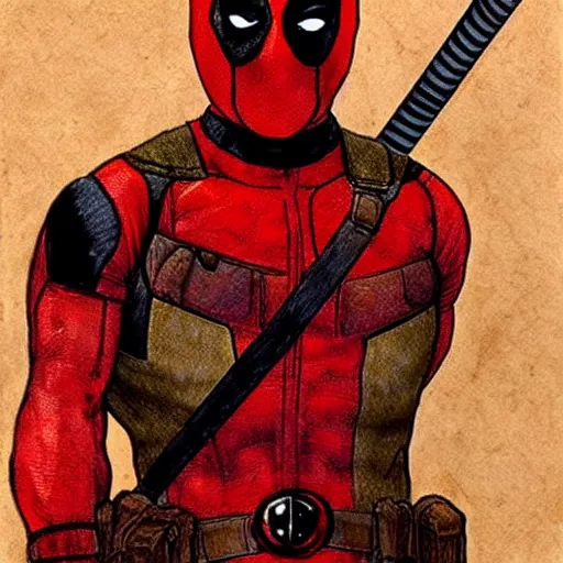 Image similar to old Leonardo da Vinci sketch of Deadpool