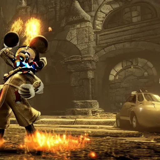 Image similar to Mickey Mouse in Darksouls, screenshot, game magazine